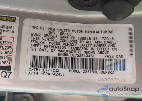 2005 Toyota Corolla S z USA, uszkodzony, nr VIN 1NXBR30E75Z543451